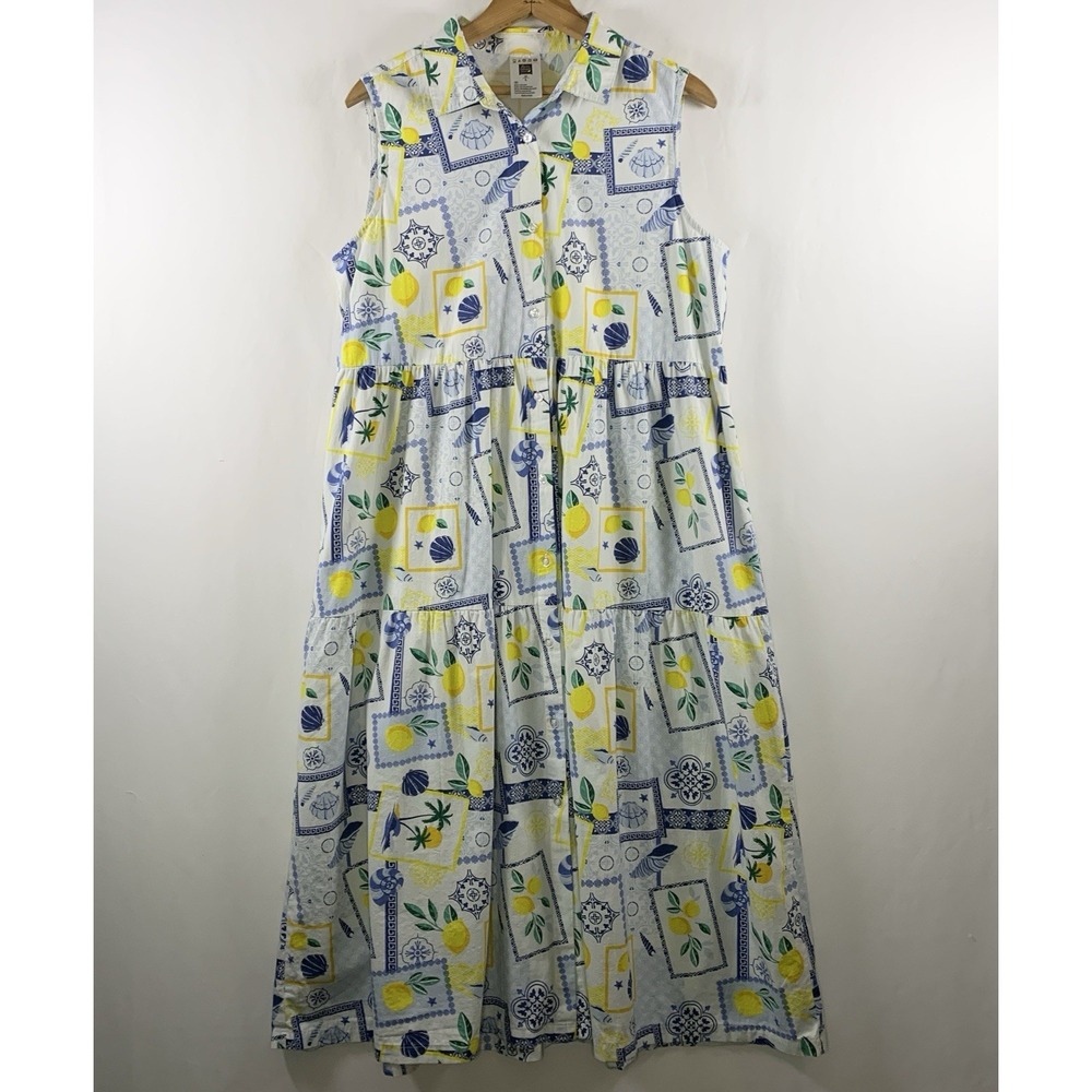 Womens Lemon Print Cotton Button Front Midi Shirt Dress Size L Summer Vacation - Picture 2 of 9